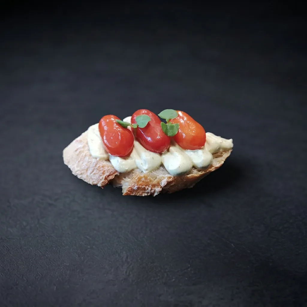 Брускетта с веганским сыром, печёным томатом и базиликом — Maxvel Catering
