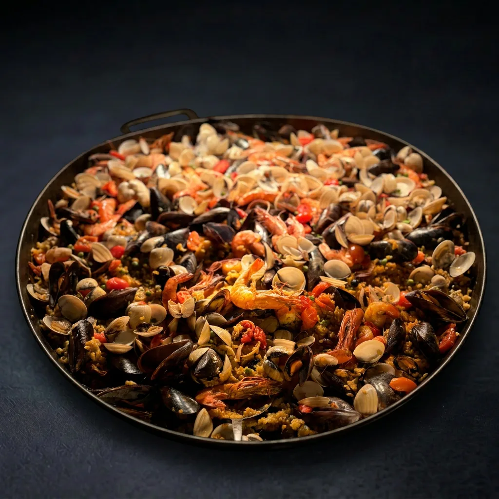 Испанская паэлья с чоризо, курицей, креветками, кальмарами, мидиями, осьминогом и овощами — Maxvel Catering