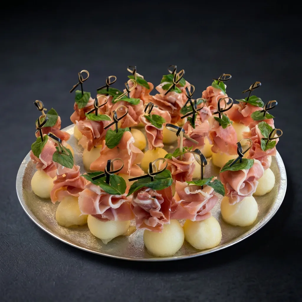 Канапе с дыней, прошутто и мятой — Maxvel Catering