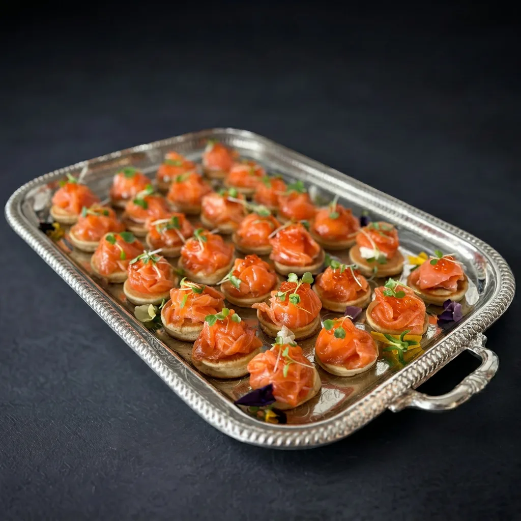 Оладушки с лососем и красной икрой — Maxvel Catering