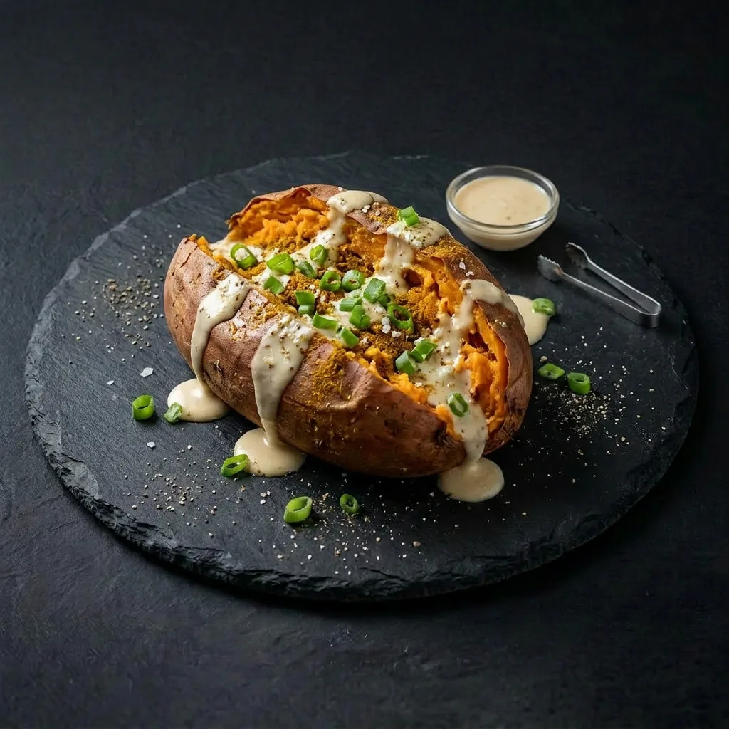 Печеный батат с сельдереевой солью, кокосовым соусом, карри и зелёным луком — Maxvel Catering