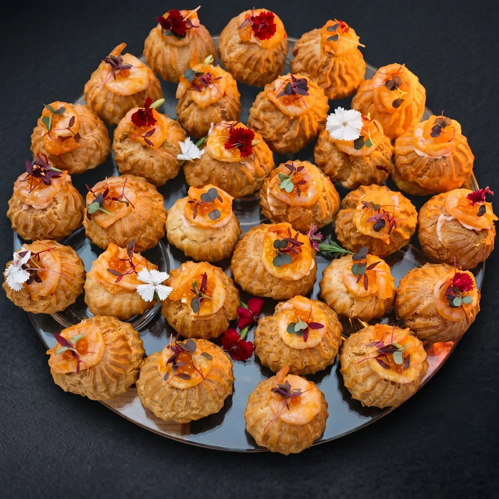 Профитроли с муссом из копченого лосося и креветкой — Maxvel Catering