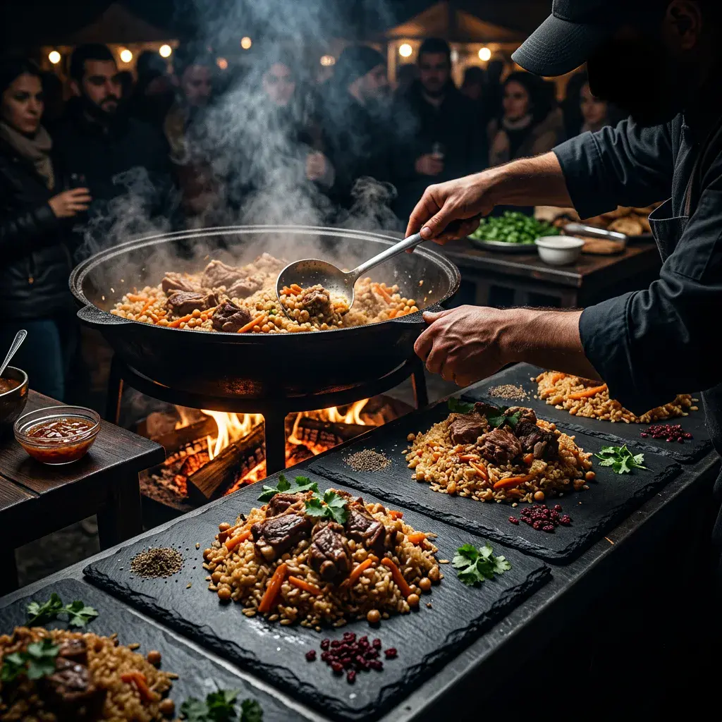 Станция приготовления узбекского плова с бараниной в огромном казане — Maxvel Catering
